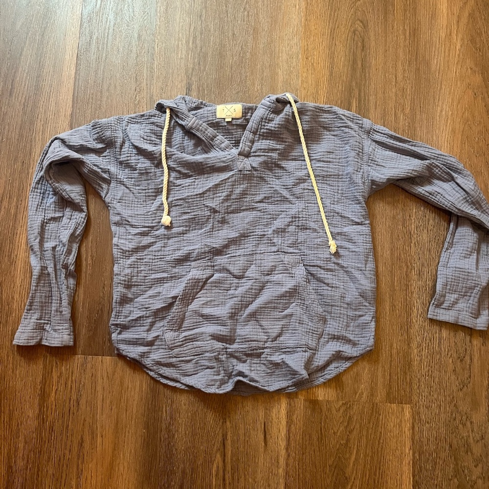 Blue Hooded Long Sleeve Top